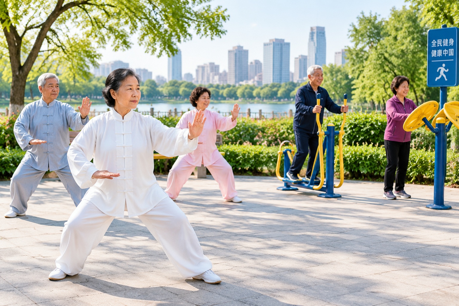 Chinese seniors exercising at a public park in the morning