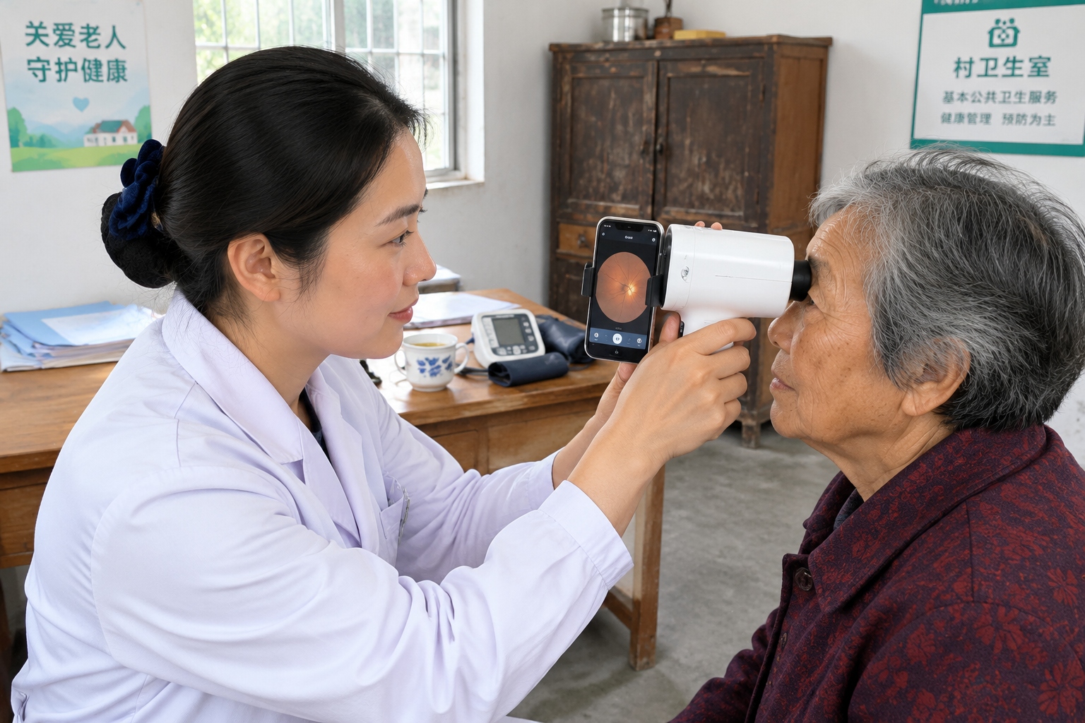 Nurse performing an AI-assisted retinal exam with a portable fundus camera in a Chinese village clinic