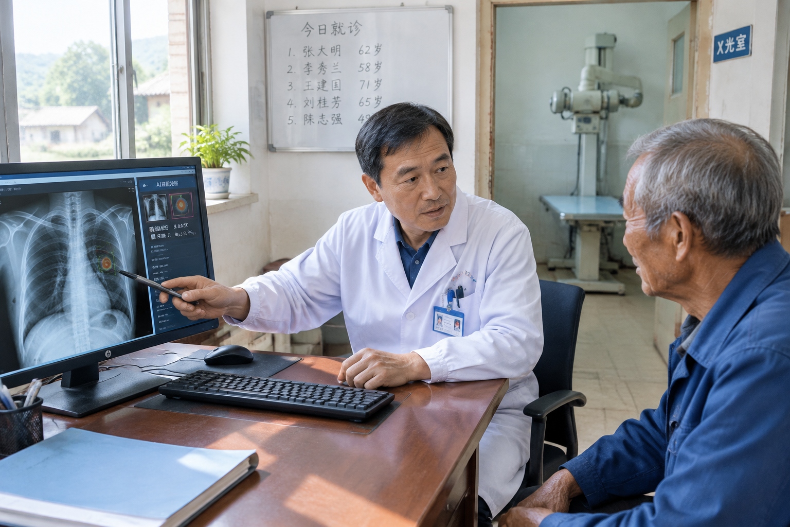 Rural Chinese doctor reviewing an AI-annotated chest X-ray on a computer screen with a patient nearby