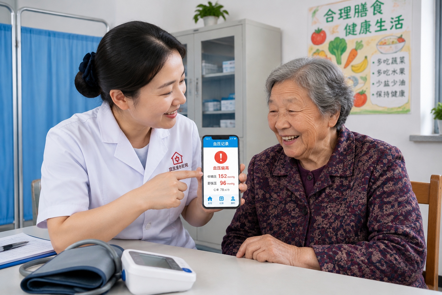Village health worker teaching elderly patient to use a smartphone app for blood pressure tracking in rural clinic
