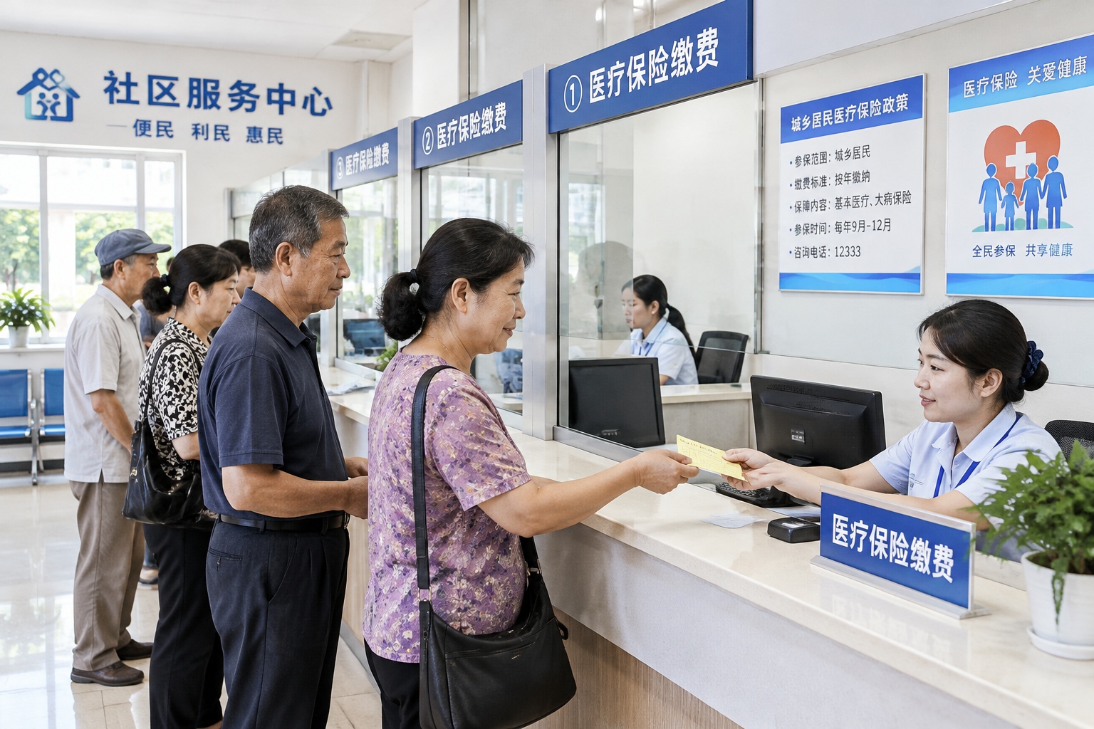 Residents paying medical insurance premiums at a community service center in a Chinese county town, one woman showing her receipt.