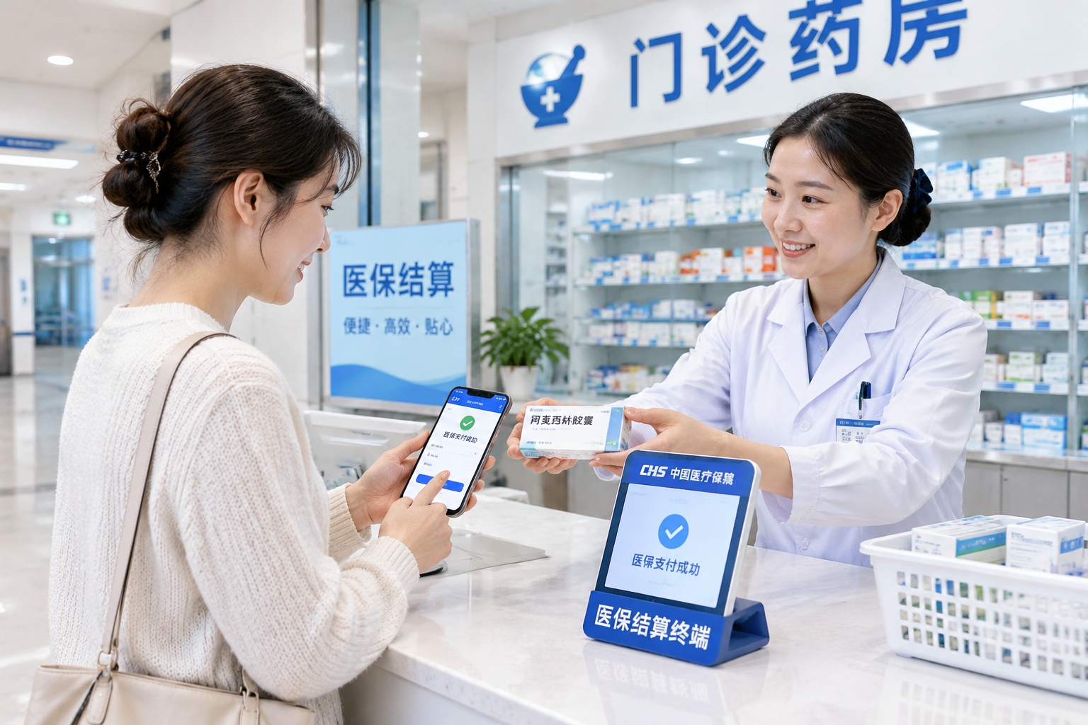 Hospital pharmacist handing medication to a patient who uses China's medical insurance mobile payment system.