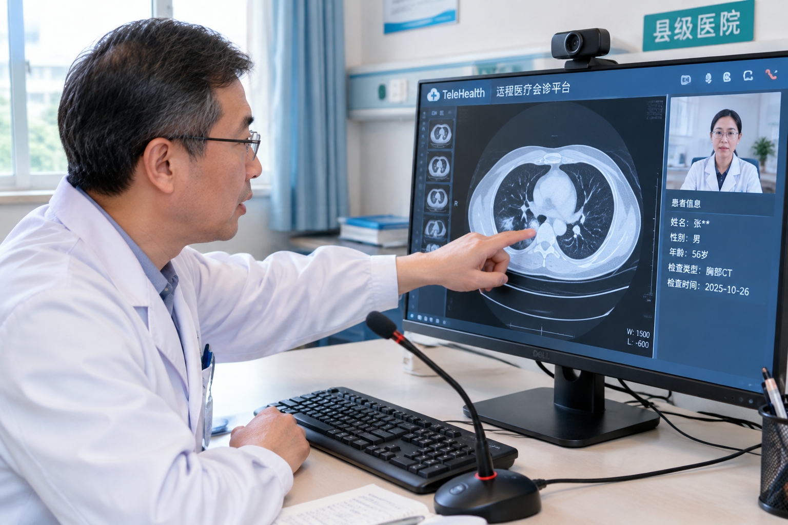 Doctor's hand pointing at a CT scan on a telemedicine monitor in a Chinese county hospital