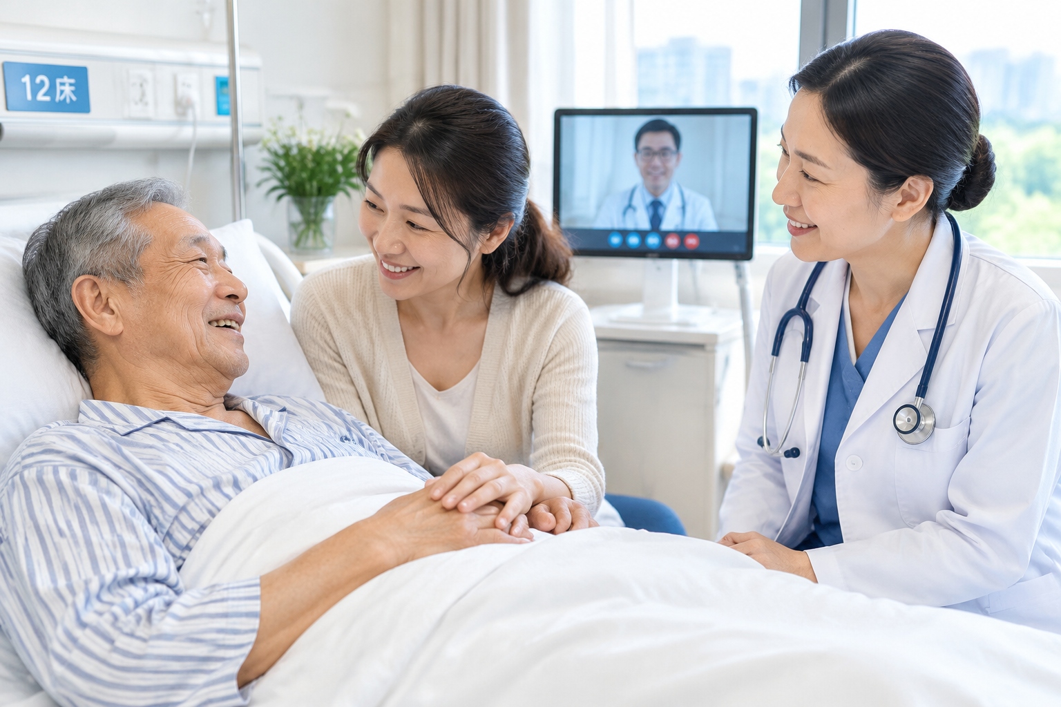 Elderly Chinese farmer smiling in a hospital bed with his daughter and doctor, telemedicine screen in background