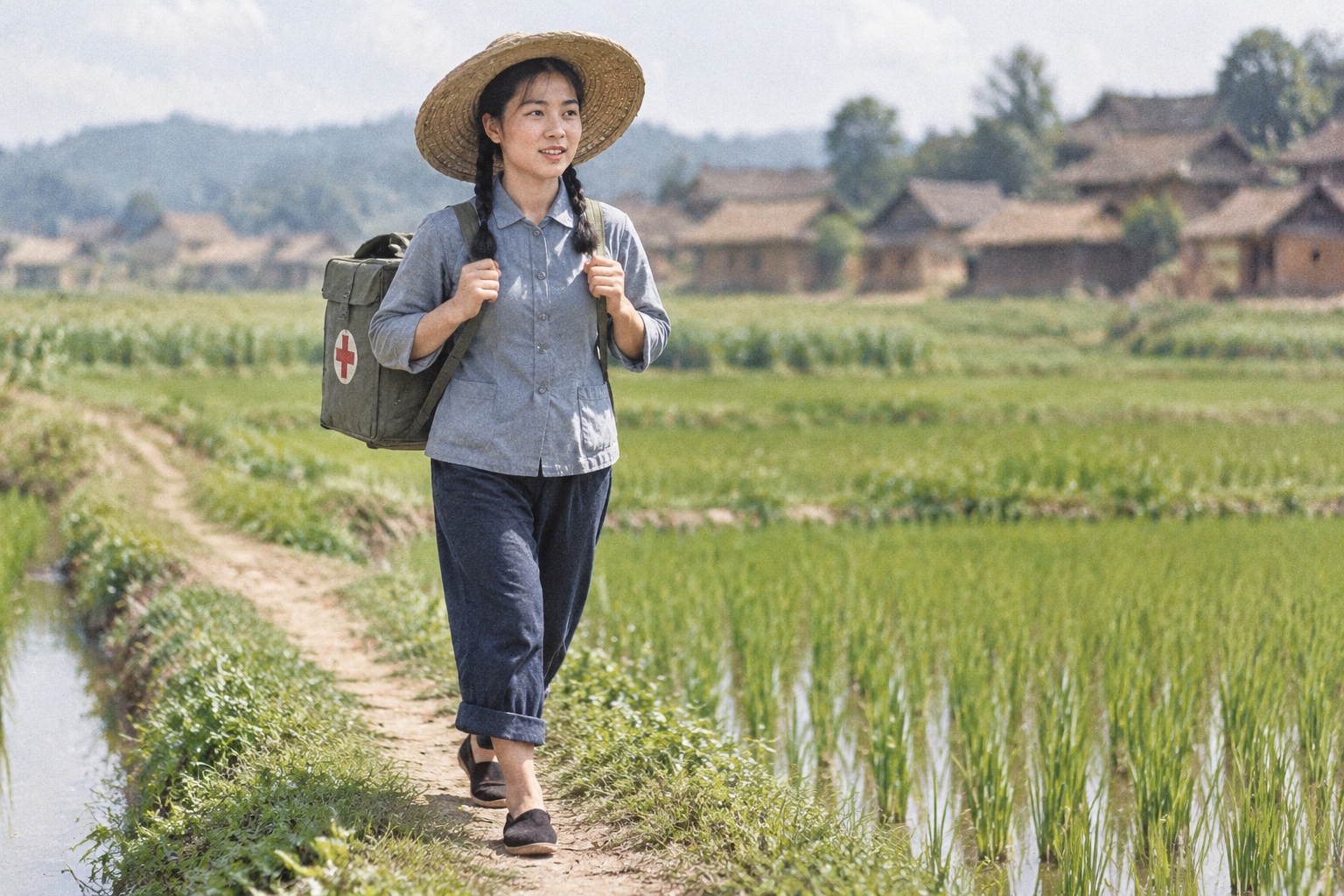 A barefoot doctor in 1970s China walking across a rice field carrying a medical bag, illustrating the early form of grassroots primary care