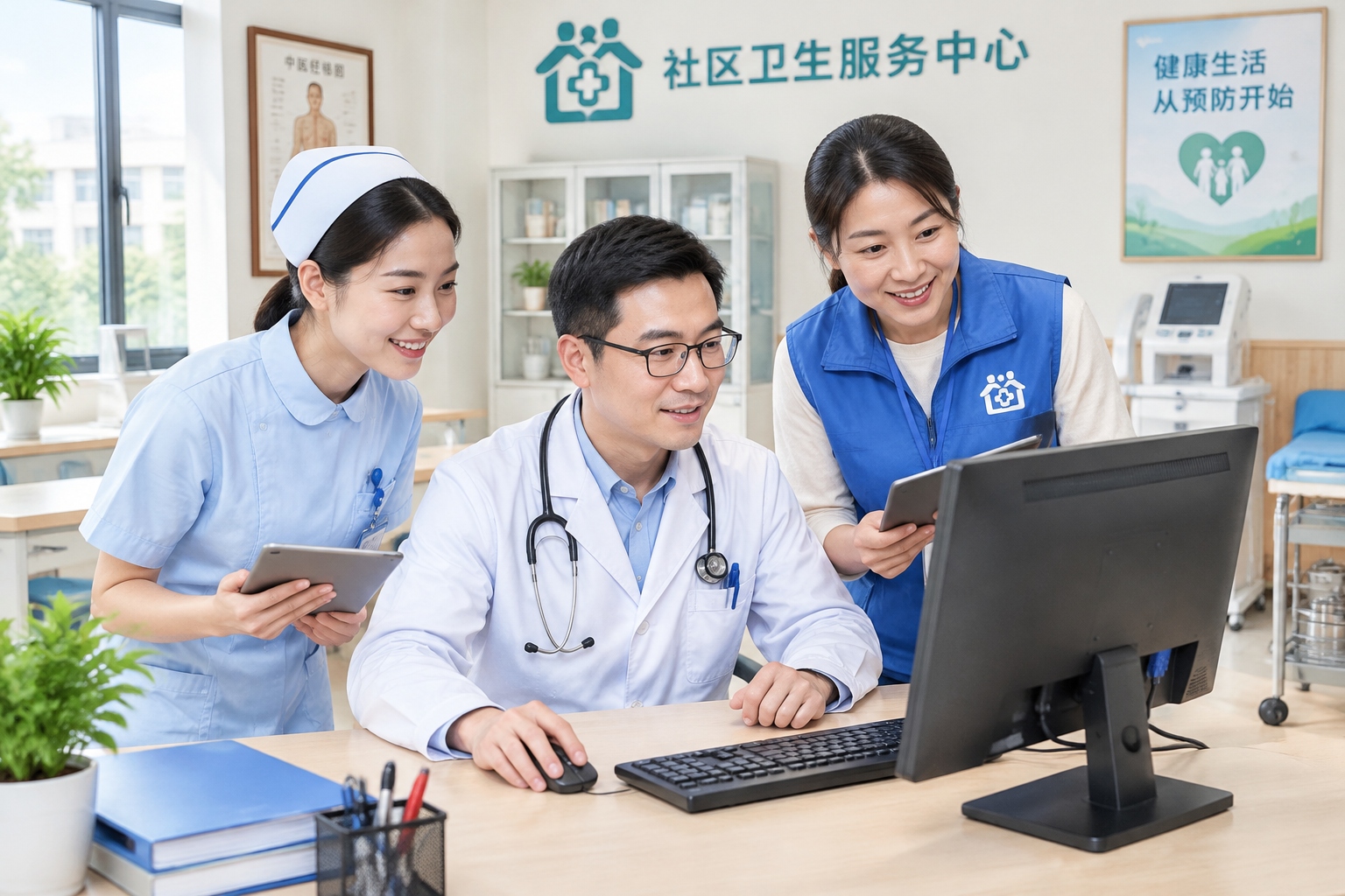 A family doctor team in a Chinese community health center reviewing electronic health records, showing the professionalised primary care system today