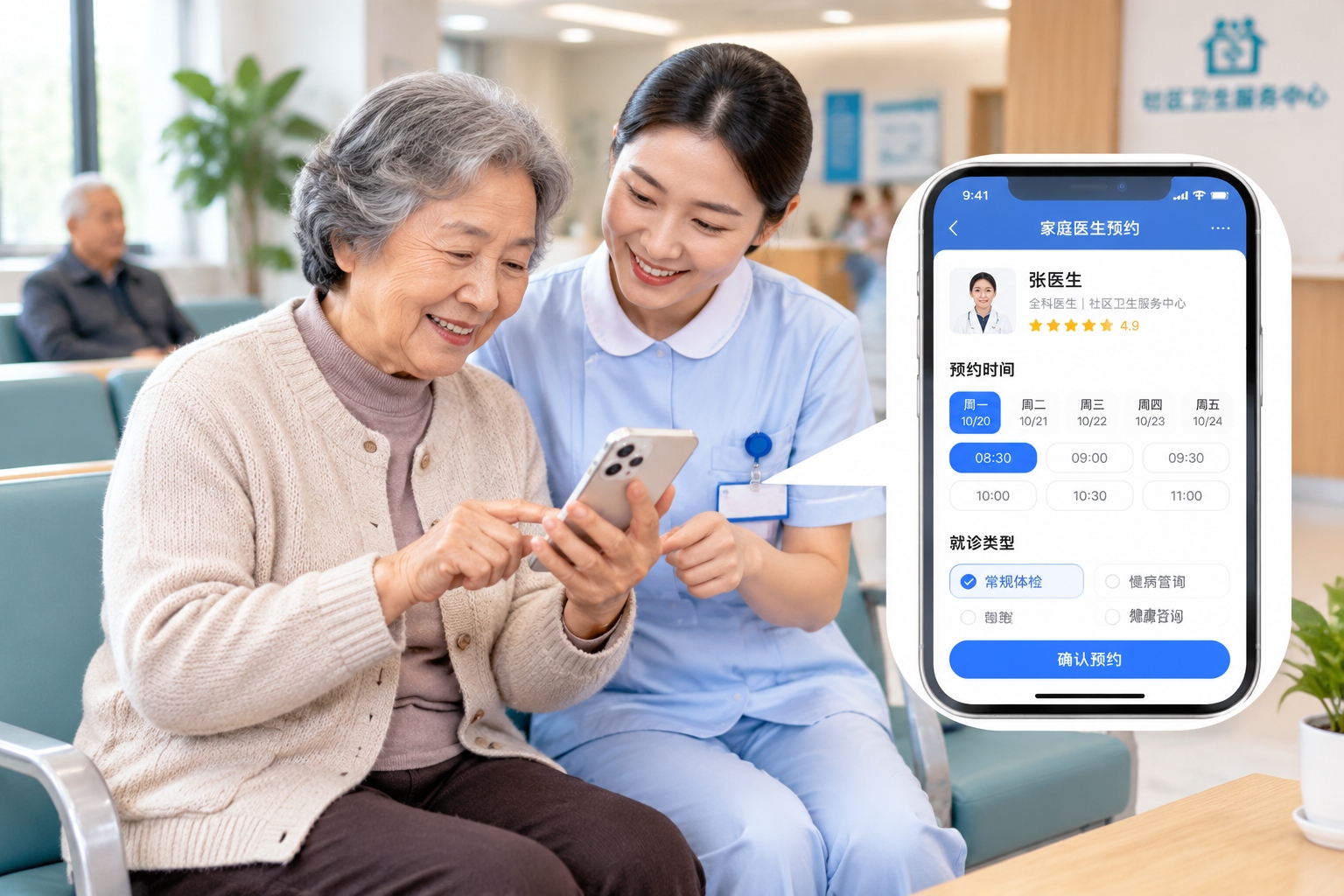 An elderly woman in China uses a health app to book a family doctor appointment with help from a nurse, showing digital primary care access