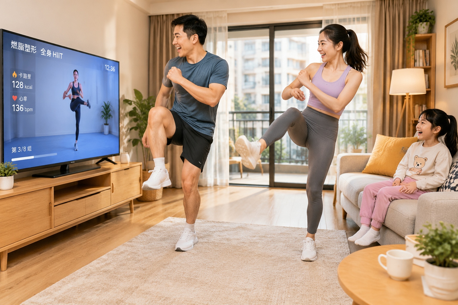 A Chinese family follows a livestream fitness workout in their living room, with a man and woman exercising while a child watches from the sofa