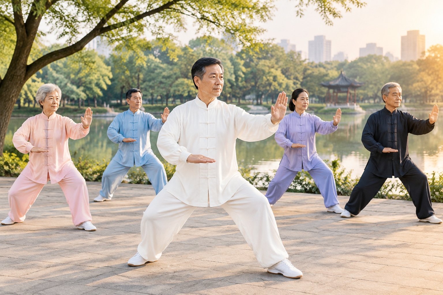A group of older Chinese adults practice tai chi together in a city park in the early morning, with trees and a pond behind them