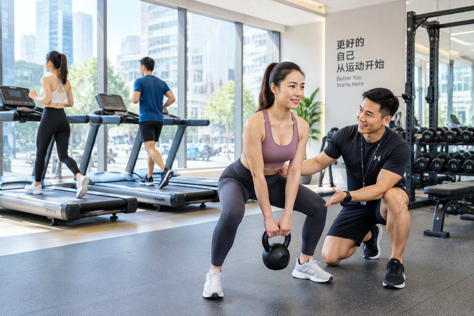 People exercise inside a modern gym in a Chinese city, with treadmills, free weights, and a personal trainer assisting a client