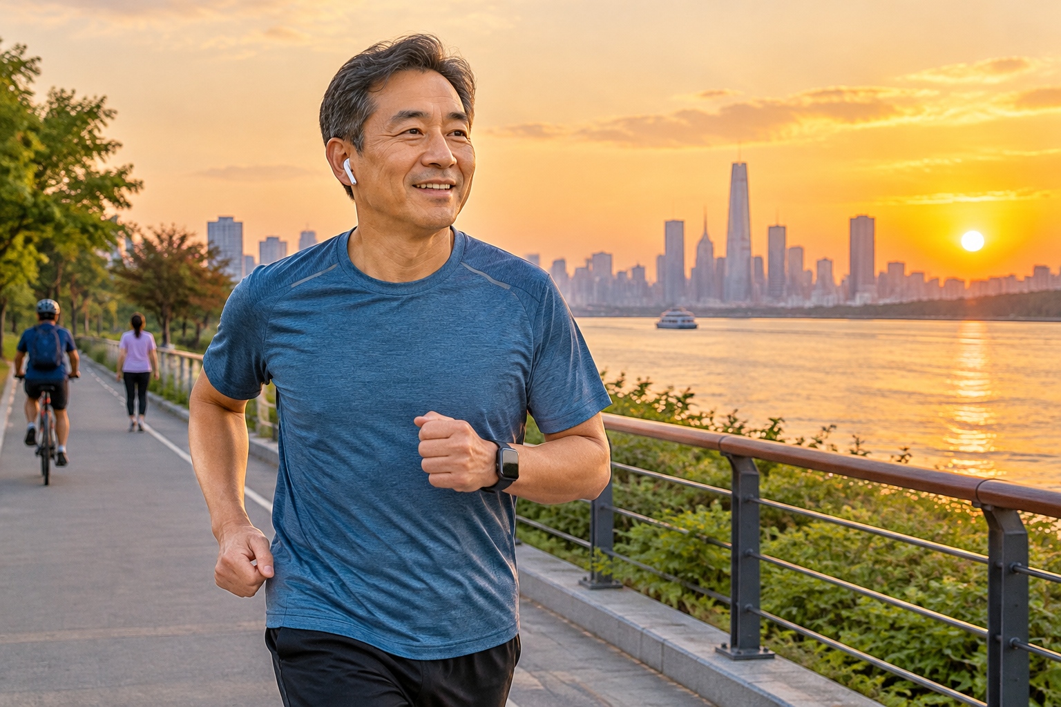 A middle-aged Chinese man jogs along a riverside greenway at sunset, wearing a smartwatch, with other people walking and cycling nearby
