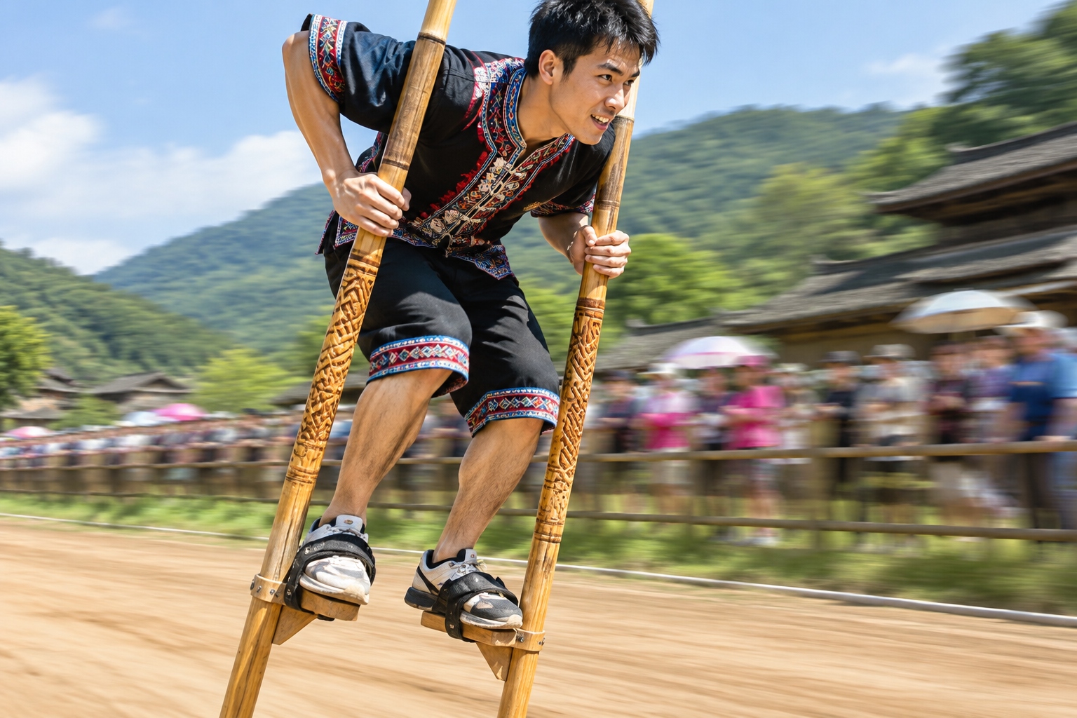 Close-up of a Miao stilt racer stepping on wooden footrests with carved bamboo poles, showing the mechanics of the sport