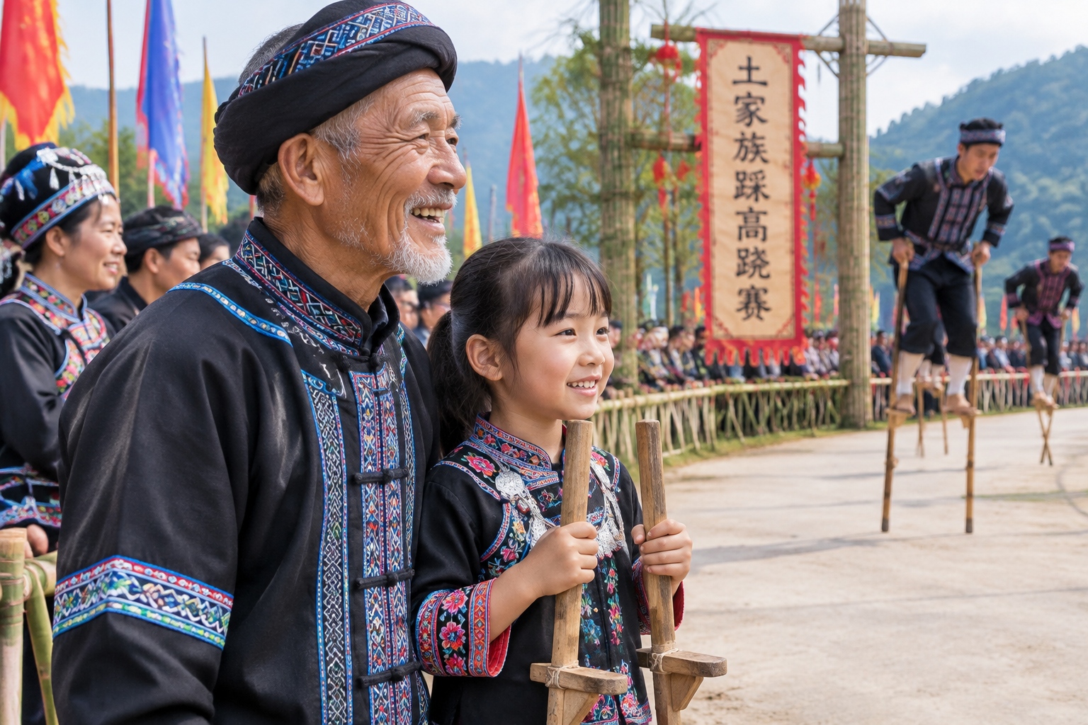 Elderly Tujia man and young girl watching a stilt race at a festival, holding small stilts