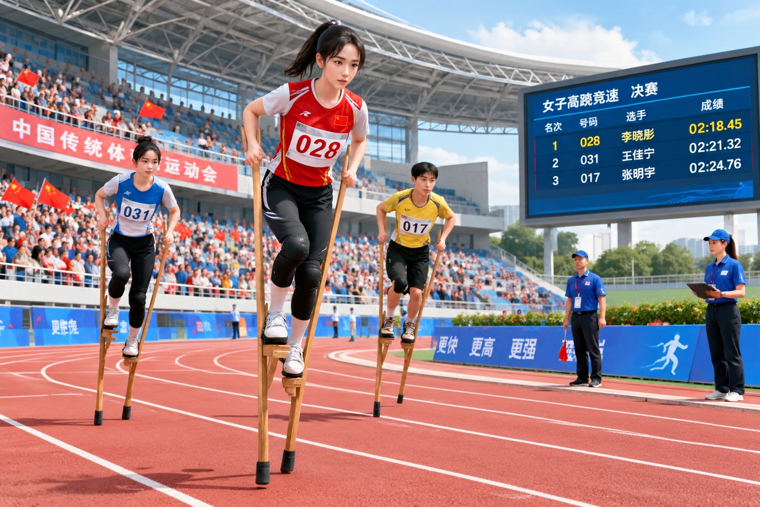 Stilt racers competing on a professional track at a national sports event in China