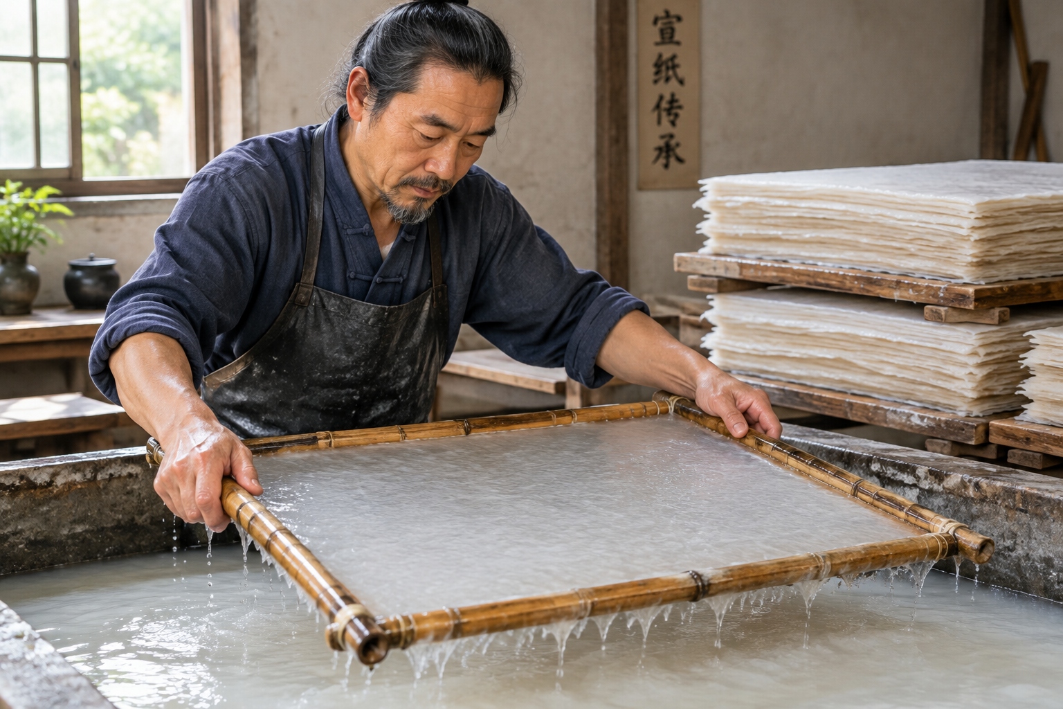 A xuan paper maker lifting a bamboo screen from a pulp vat in a traditional workshop in Jing County, Anhui