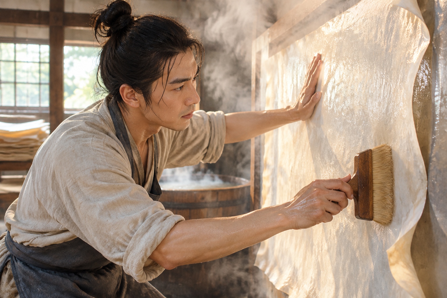 Worker pressing wet xuan paper onto a heated drying wall in a Jing County workshop