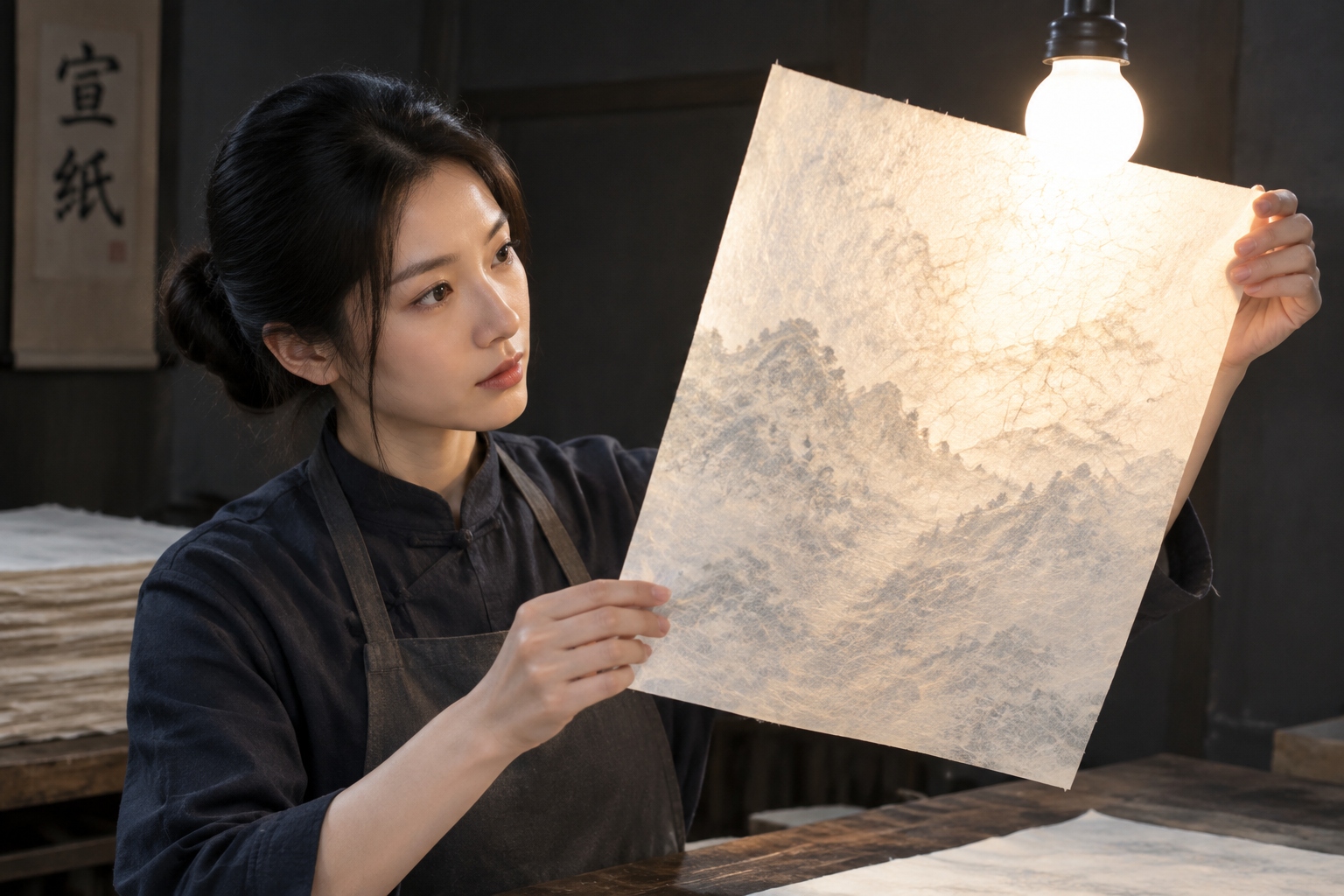 Inspector holding a translucent xuan paper sheet up to light to check quality in an Anhui workshop