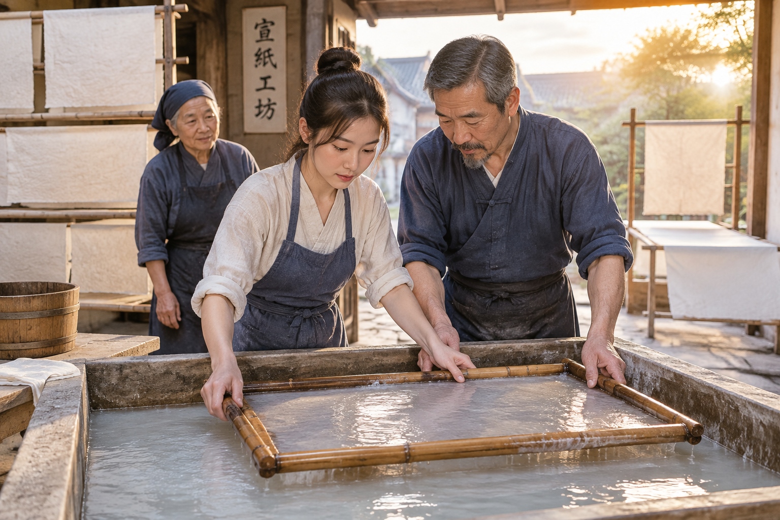 Young apprentice learning xuan paper making from an older master in Jing County, Anhui