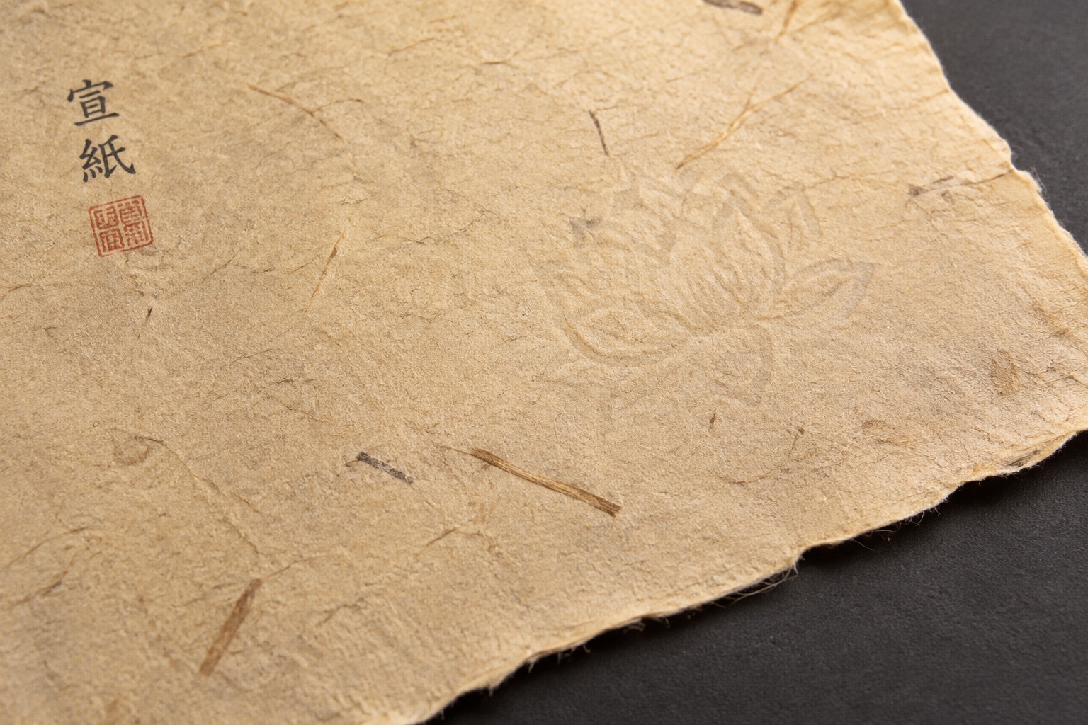 Close-up of an ancient Chinese paper showing plant fibers and a natural deckle edge