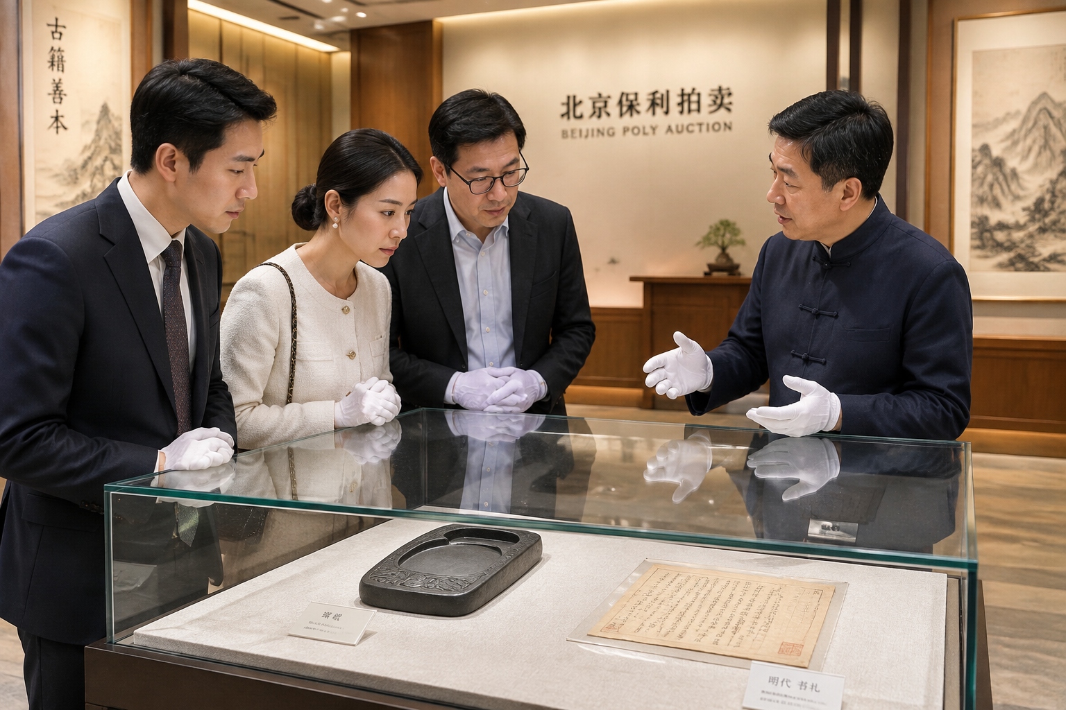 Visitors at an auction preview examining antique Chinese writing tools