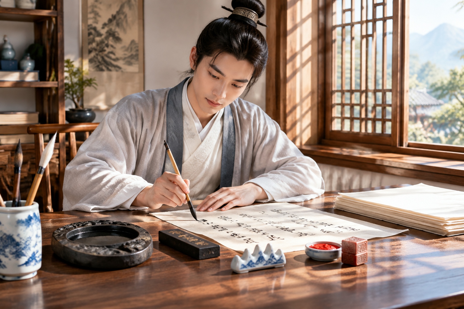 Traditional Chinese writing brush, inkstick, inkstone, and paper arranged on a scholar's desk