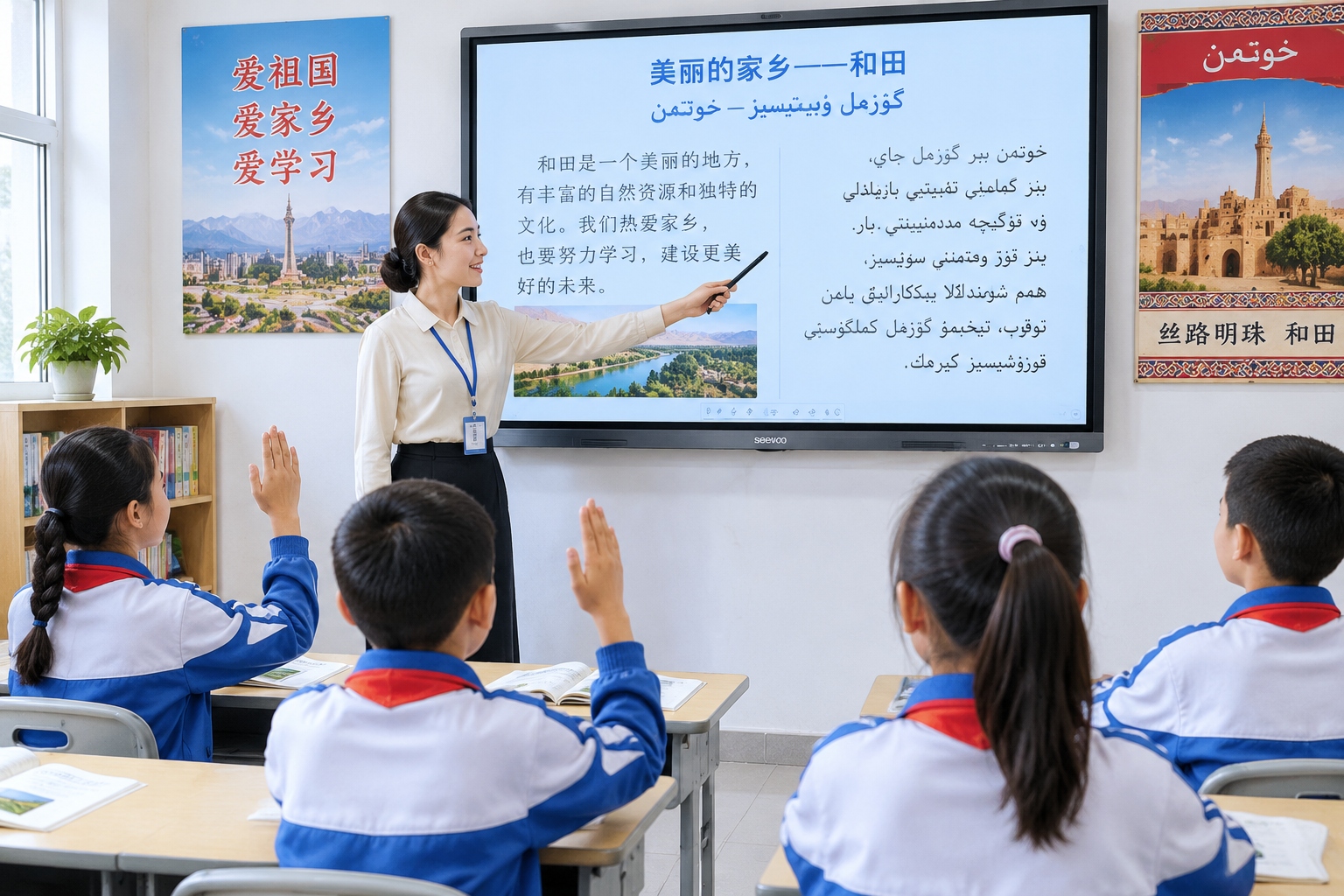 Bilingual classroom in Hotan with a teacher pointing at a whiteboard showing Chinese and Uyghur text