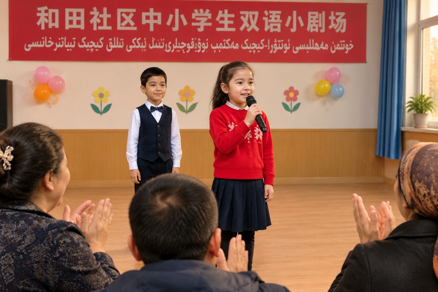 Children performing a bilingual play in Hotan as parents watch