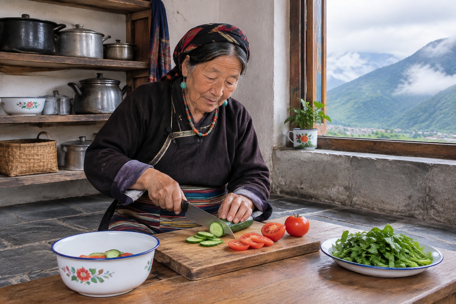 Lhoba woman in Metog, Tibet, preparing fresh cucumber and tomato on a wooden board in her kitchen