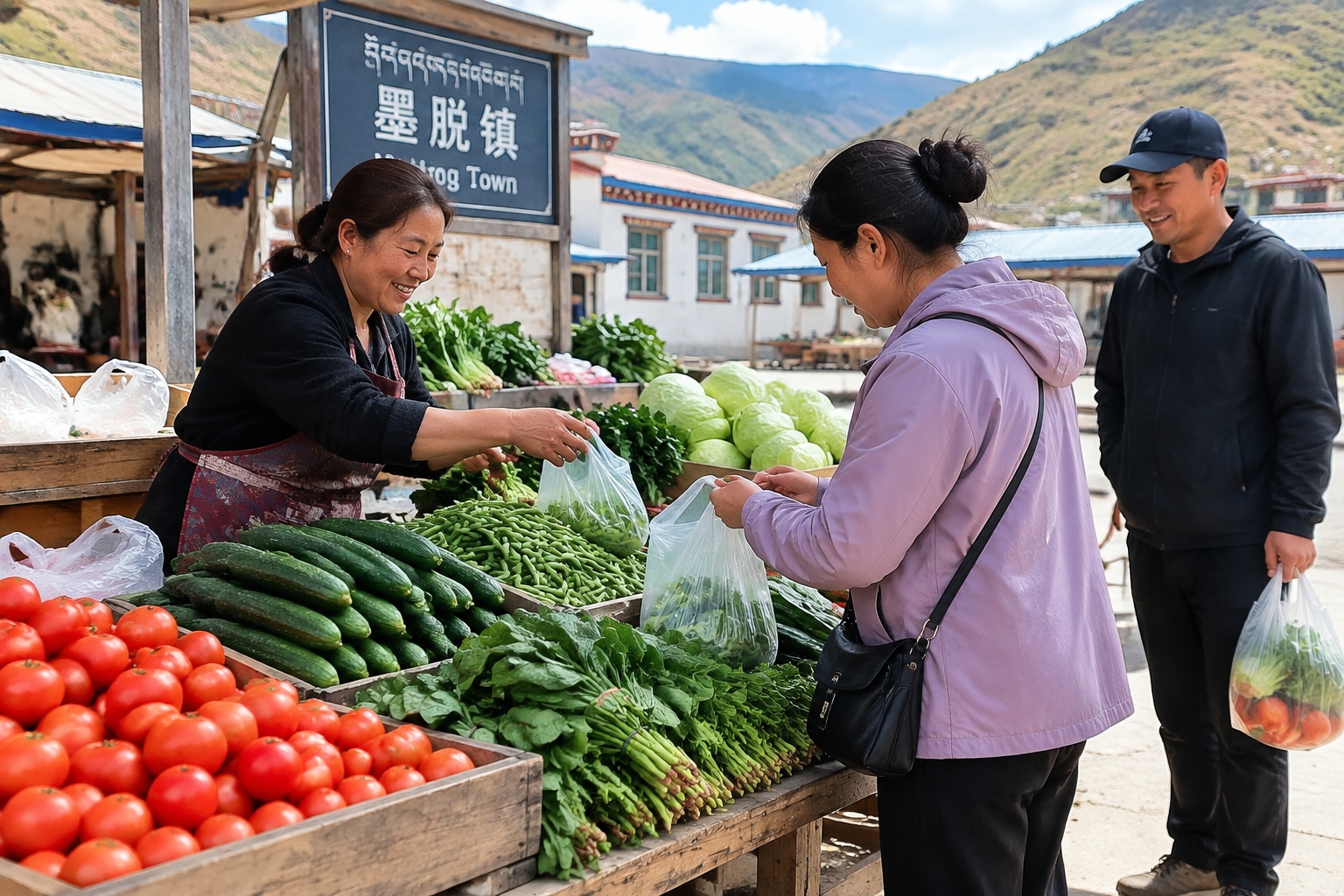 Open-air vegetable market in Metog town, Tibet, selling fresh tomatoes, cucumbers, and leafy greens