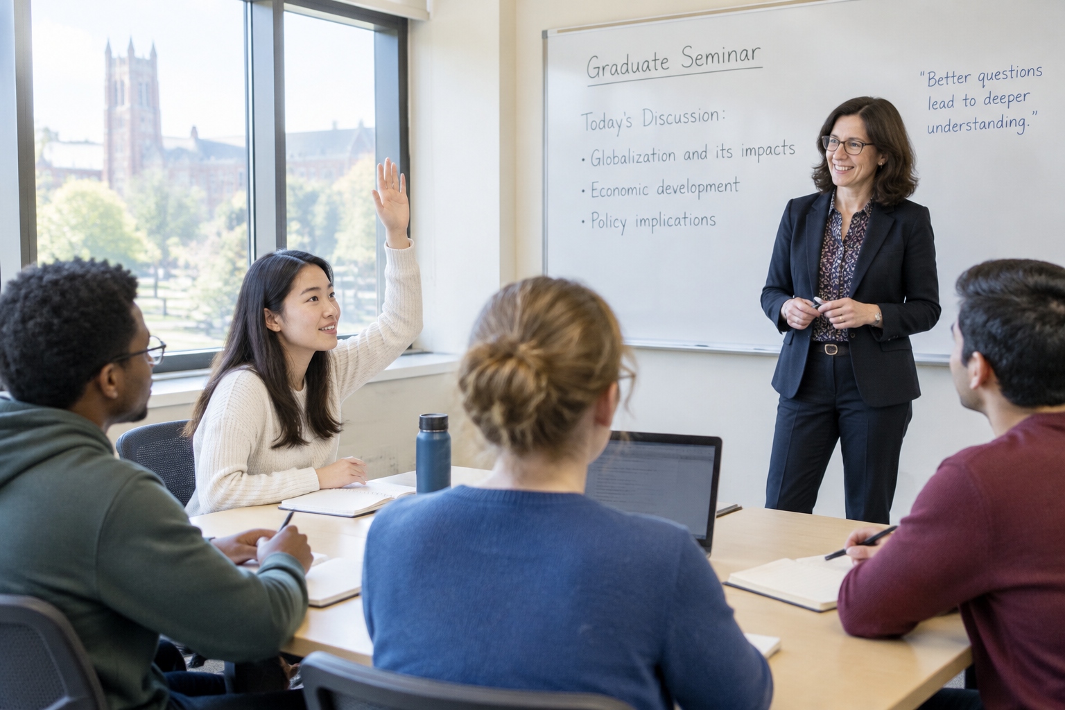 Chinese student raising hand in an American university seminar classroom