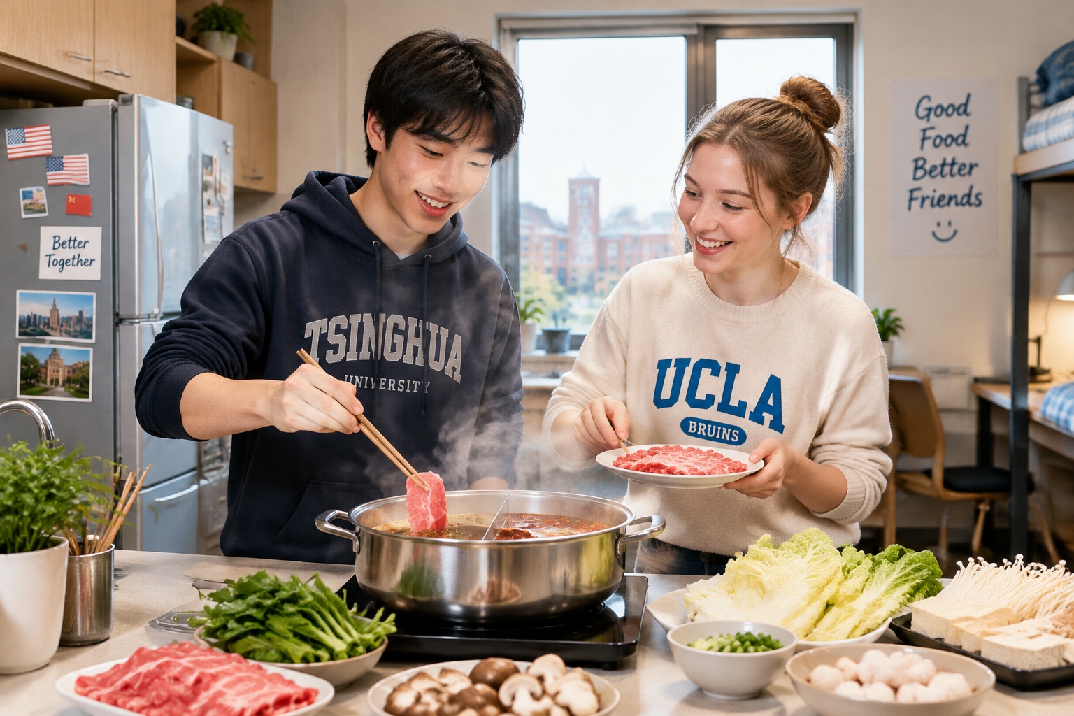 Chinese and American students cooking hotpot together in a dormitory kitchen