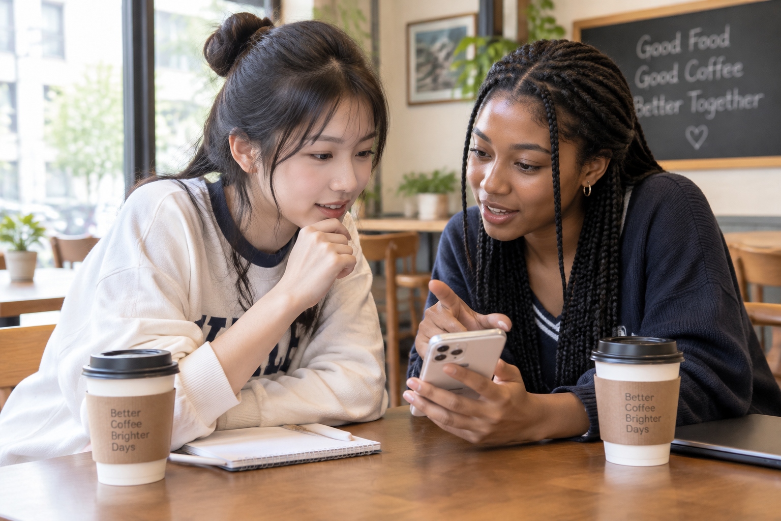 Chinese and American students having a deep conversation over coffee