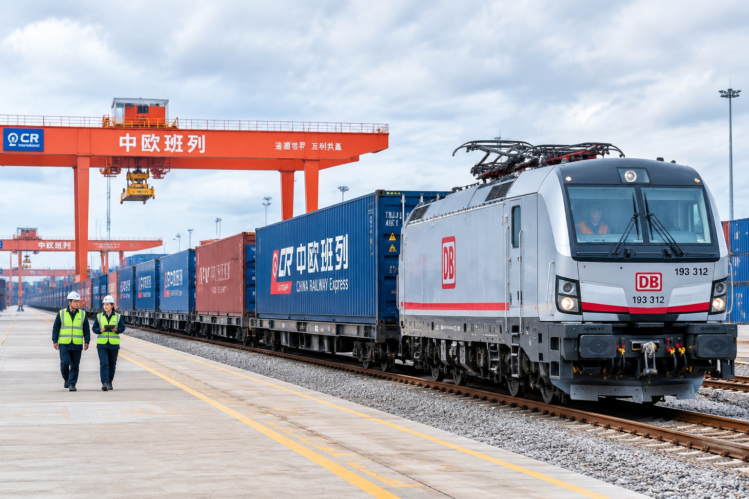 A German locomotive attached to a China-Europe freight train at a rail terminal in Germany, with containers displaying Chinese characters and cranes in the background.