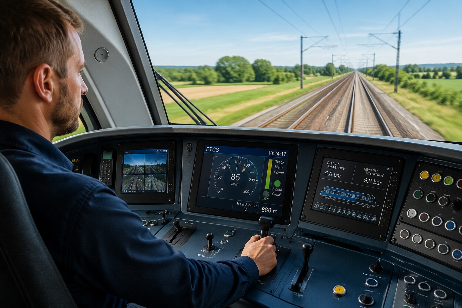 Inside a modern freight locomotive cab, the driver uses an ETCS digital screen while the train travels through the European countryside.