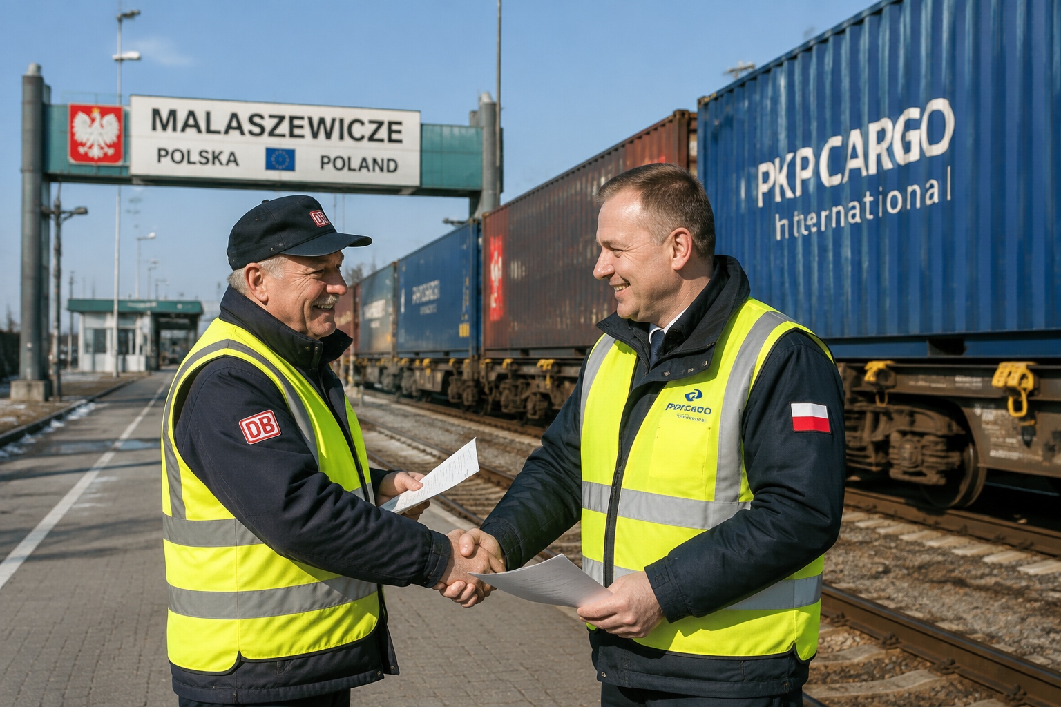 A German and a Polish train driver exchange documents and shake hands next to a freight train at the Malaszewicze border station.