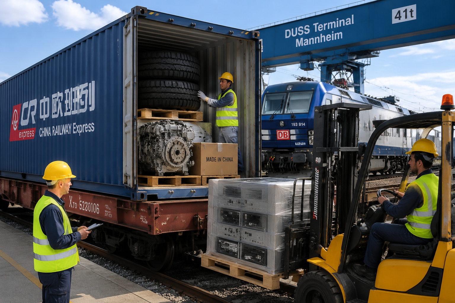 Workers unload machinery, car parts and electronics from a China-Europe freight train container at a German intermodal terminal.