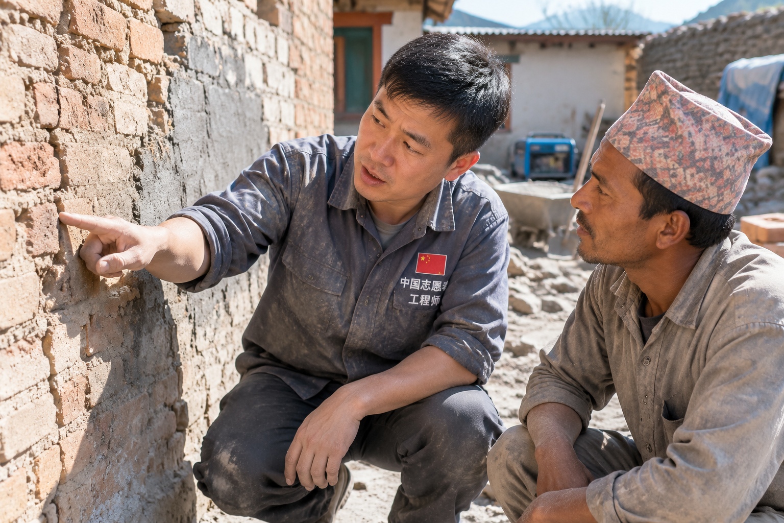Chinese engineer and Nepali mason inspect a cracked brick wall during post-earthquake reconstruction