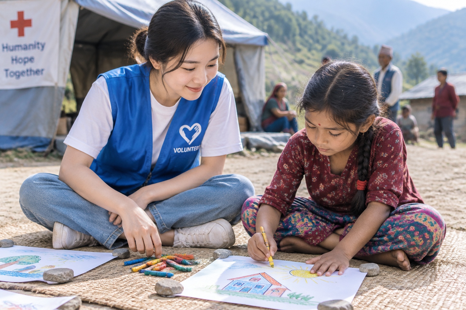 Chinese psychotherapist drawing with a Nepali girl in a temporary shelter after the earthquake