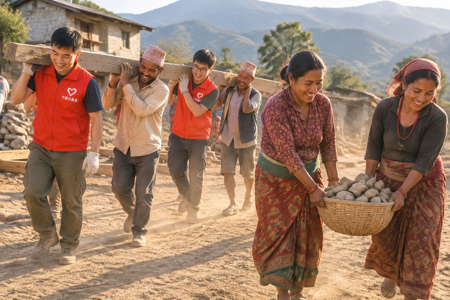 Chinese volunteers and Nepali villagers carrying a wooden beam together during community rebuilding