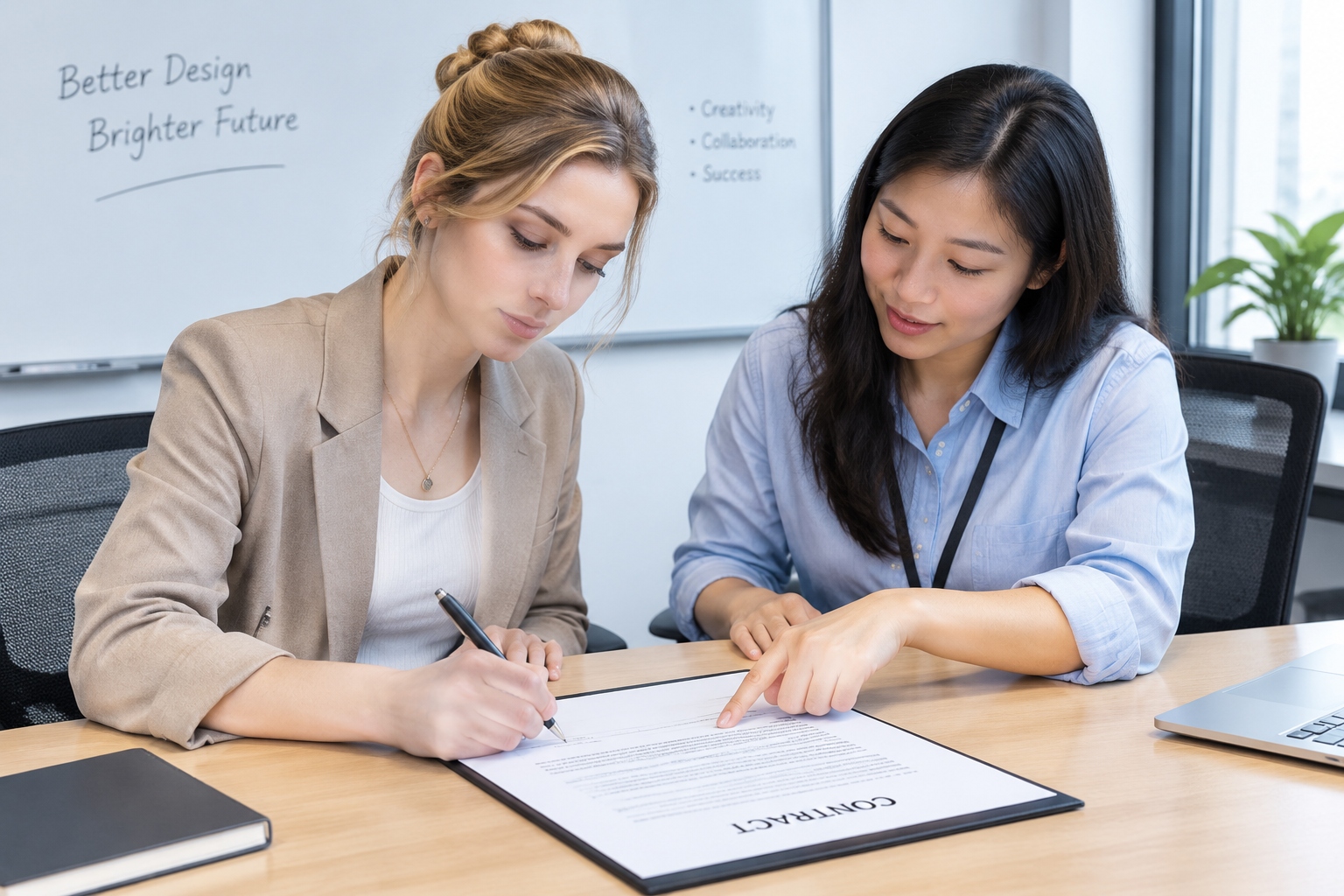 Foreign employee and Chinese colleague reviewing labor contract in Shanghai office