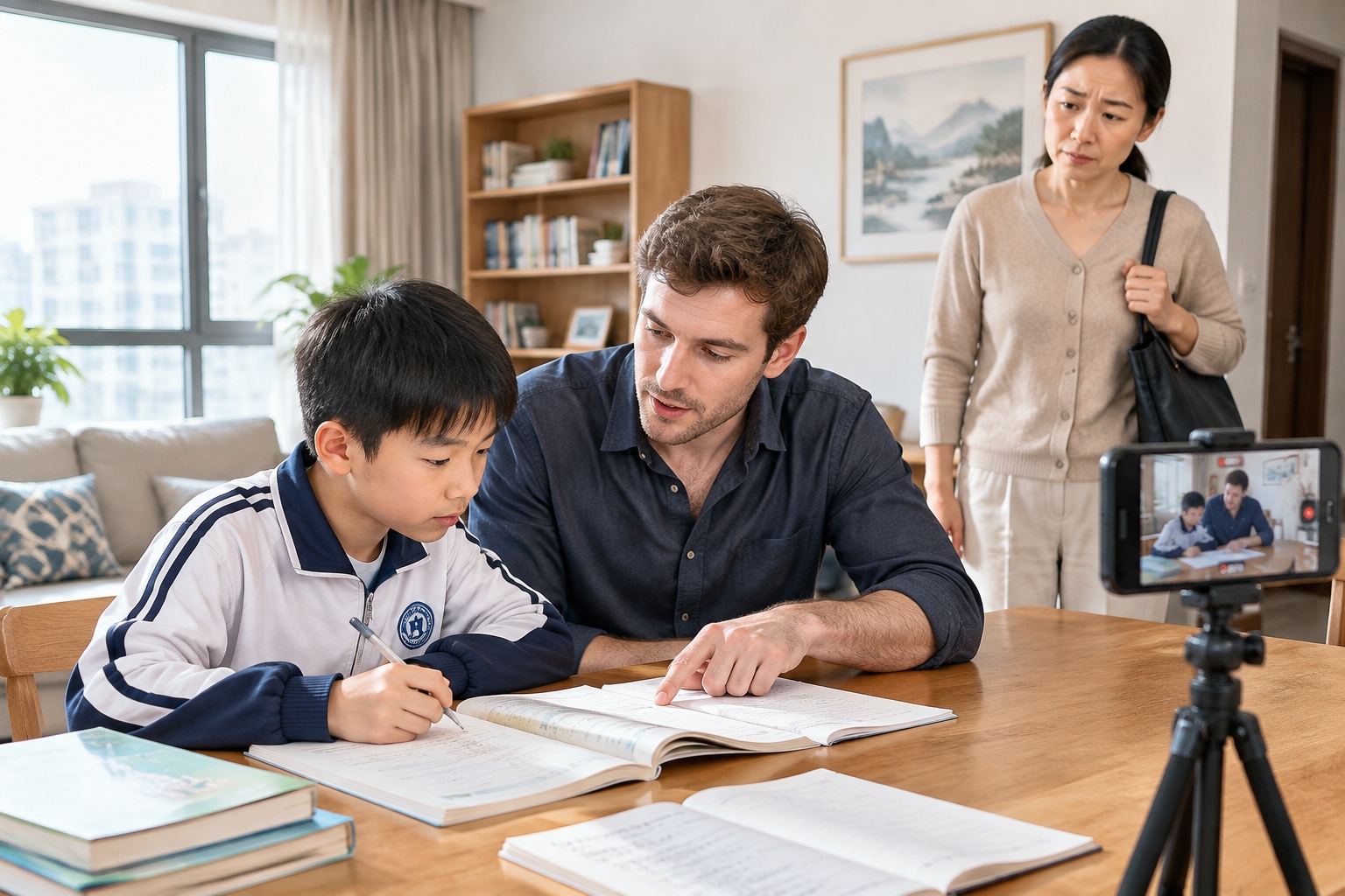 Foreign tutor giving a private math lesson to a schoolboy in a Chinese family living room