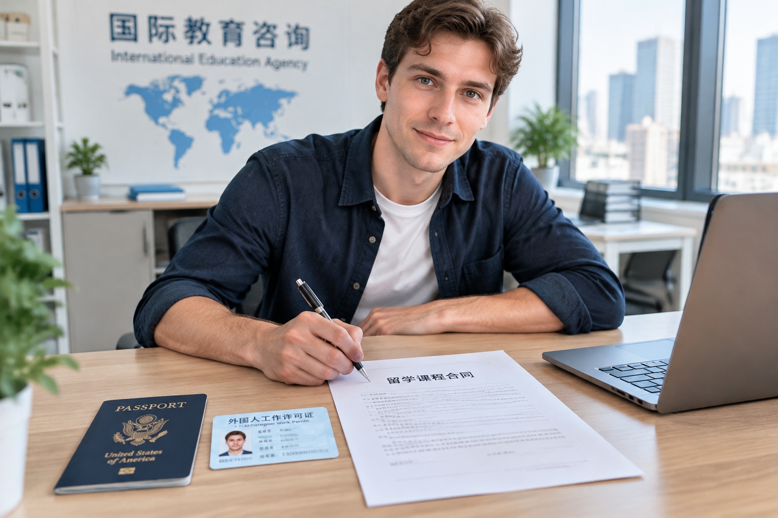 Chinese work permit card and passport on a desk at an education agency in China