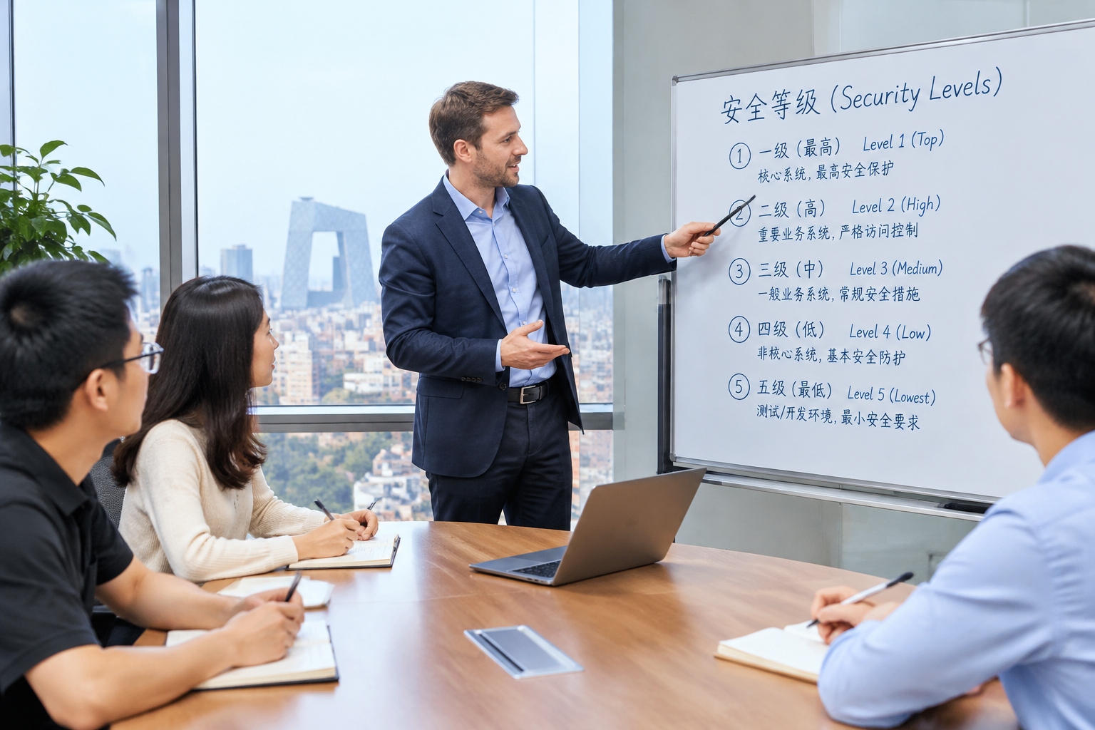 Foreign IT manager explaining MLPS 2.0 five security levels on a whiteboard in a Beijing office meeting room