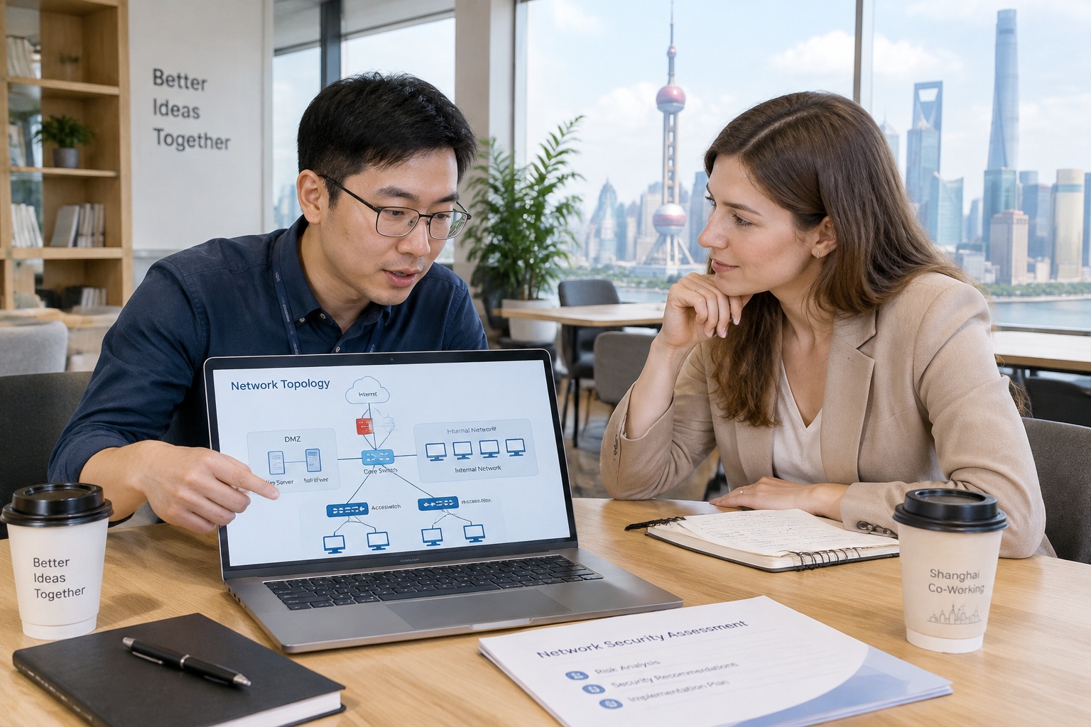 Cybersecurity consultant and foreign client reviewing network topology for MLPS grading in Shanghai co-working space