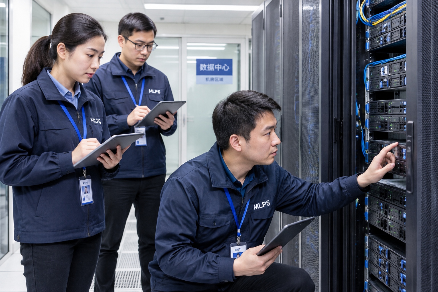 Authorized MLPS assessment team conducting on-site security inspection in a Chinese data center