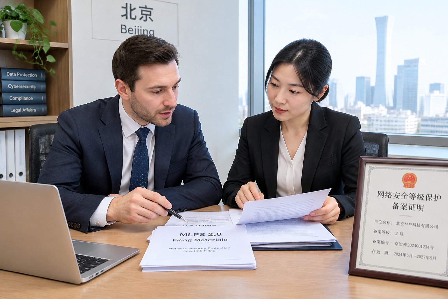 Foreign compliance officer and Chinese legal advisor reviewing MLPS 2.0 filing documents in a Beijing office
