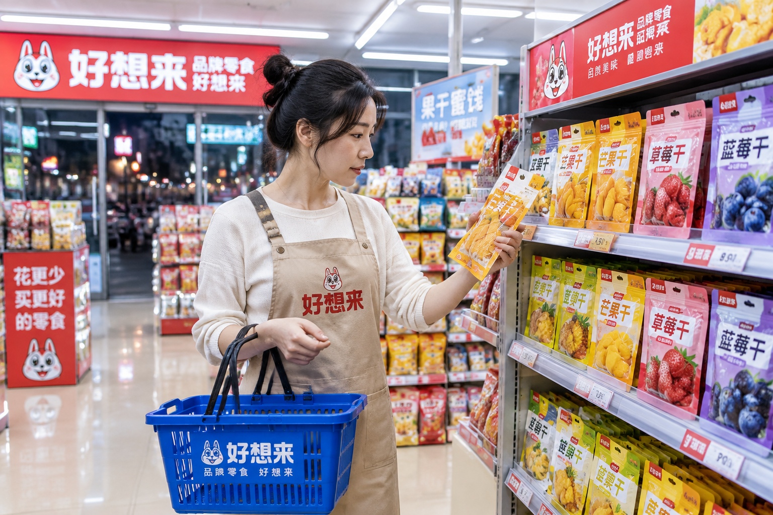 A woman in her thirties selects dried fruit packets in a brightly lit Haoxianglai snack store in Zhengzhou, holding a blue basket and checking the package label.
