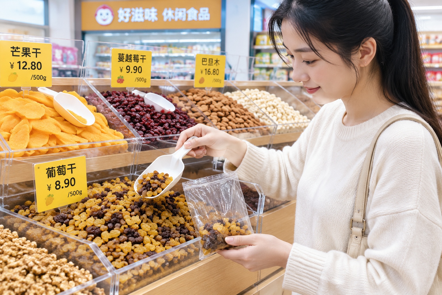 A customer's hand holds a transparent bag of mango raisins above a row of self-service bulk bins in a Chinese snack store, with yellow price labels showing the price per 500 grams.
