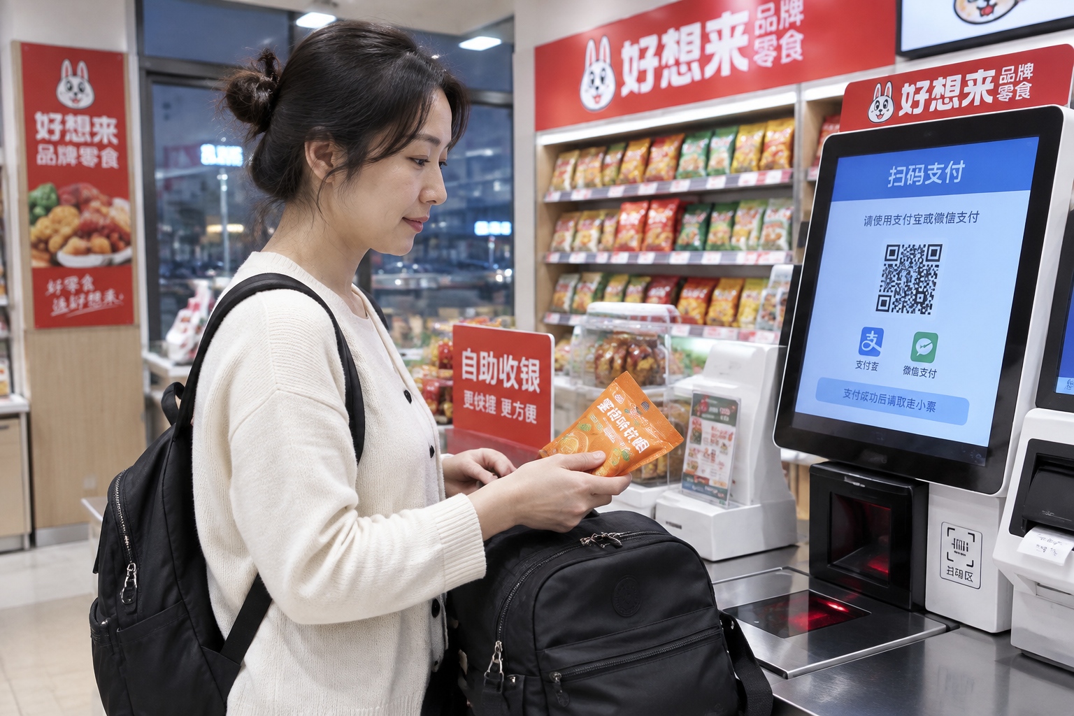 A shopper scans a small orange candy pack at a self-checkout machine inside a Haoxianglai snack store, with the payment screen showing a QR code and shelves of snacks in the background.
