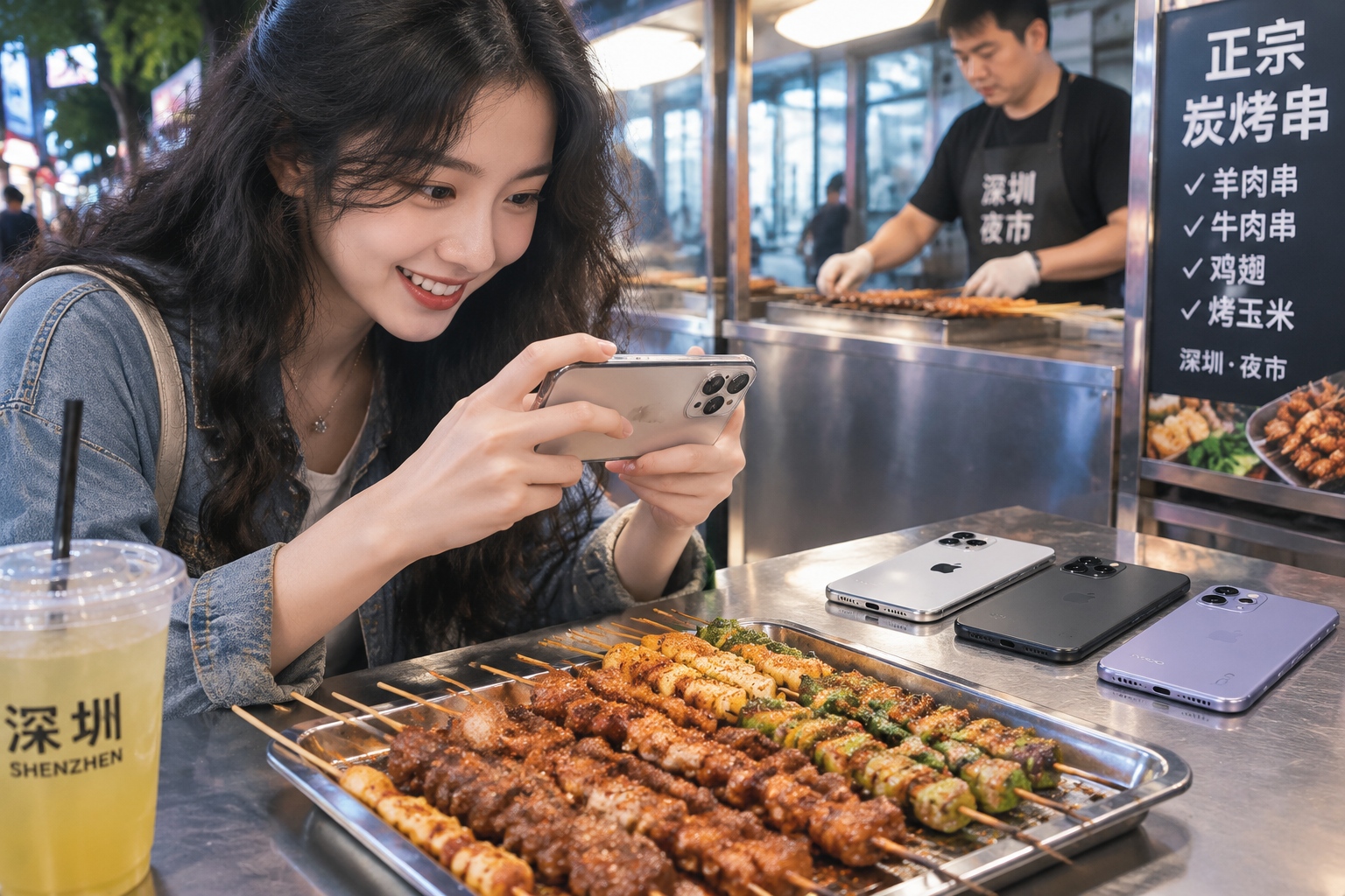 Camera test at a Shenzhen night market: three phones capture the same food stall scene for a blind comparison
